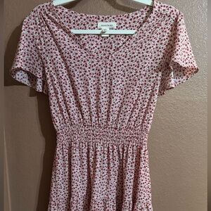 Pink Red and White Floral V-Neck Midi Dress